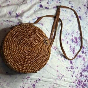Round Woven Tan Crossbody Bag
